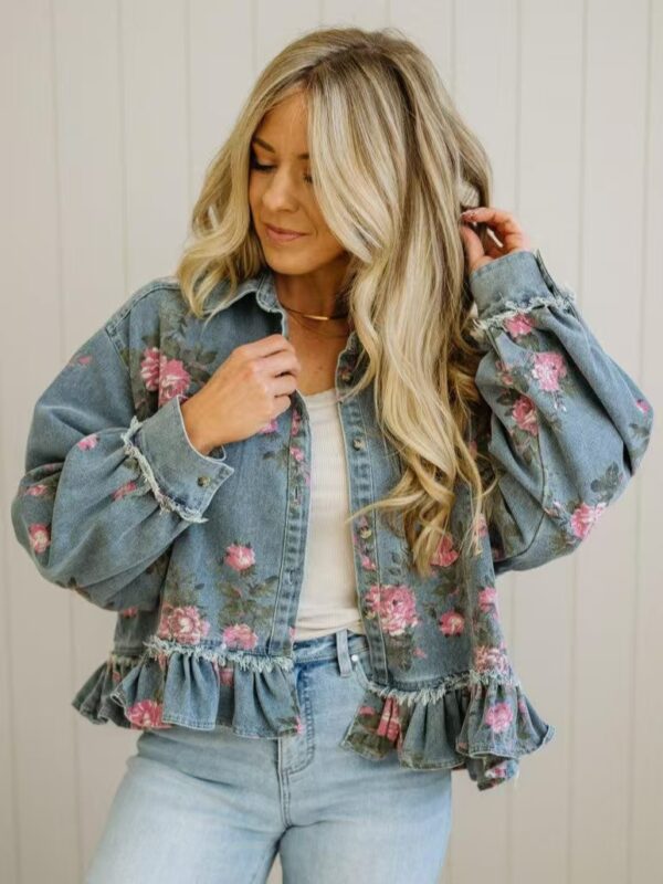 1265853f-b72e-45a1-bb20-05164b649c4c.jpg Vintage Washed Denim Jacket Floral Print Loose-Fit Fashionable Long-Sleeve Shirt