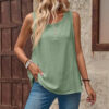 Womens Casual Loose Round-Neck Sleeveless Solid-Colored Cotton Top With Buttons