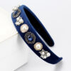 Navy Blue Rhinestone Handmade Vintage Headband With Baroque Flower And Pearls