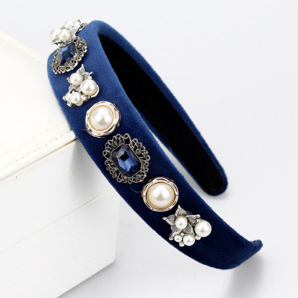 Navy Blue Rhinestone Handmade Vintage Headband With Baroque Flower And Pearls