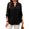 Solid-color V-neck Button-up Loose-fitting Fashionable Top