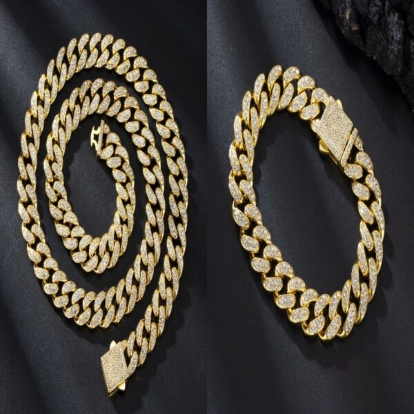 Collier et bracelet en alliage, chaîne à maillons cubains de 13 mm avec boucle à ressort et diamants.
