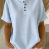 Casual Solid Color V-Neck Buttoned Striped Cotton-Linen T-Shirt