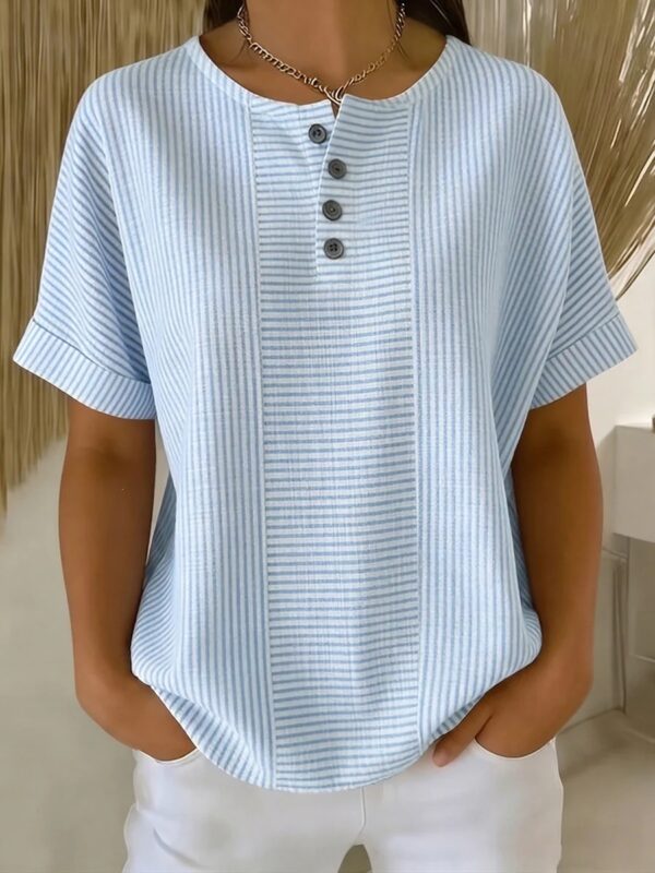 Casual Solid Color V-Neck Buttoned Striped Cotton-Linen T-Shirt
