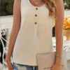 Fashionable Textured Button Loose Casual Round Neck T-shirt For Women
