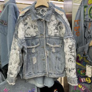 Womens Lace-embroidered Distressed Denim Jacket