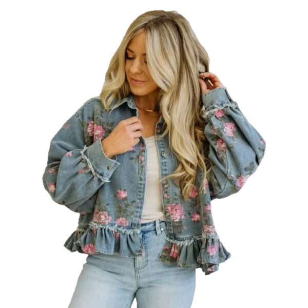 47abdd90-8d34-43b4-b67a-004e0e771f33.jpg Vintage Washed Denim Jacket Floral Print Loose-Fit Fashionable Long-Sleeve Shirt