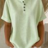 Casual Solid Color V-Neck Buttoned Striped Cotton-Linen T-Shirt
