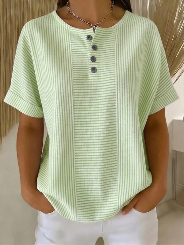 Casual Solid Color V-Neck Buttoned Striped Cotton-Linen T-Shirt