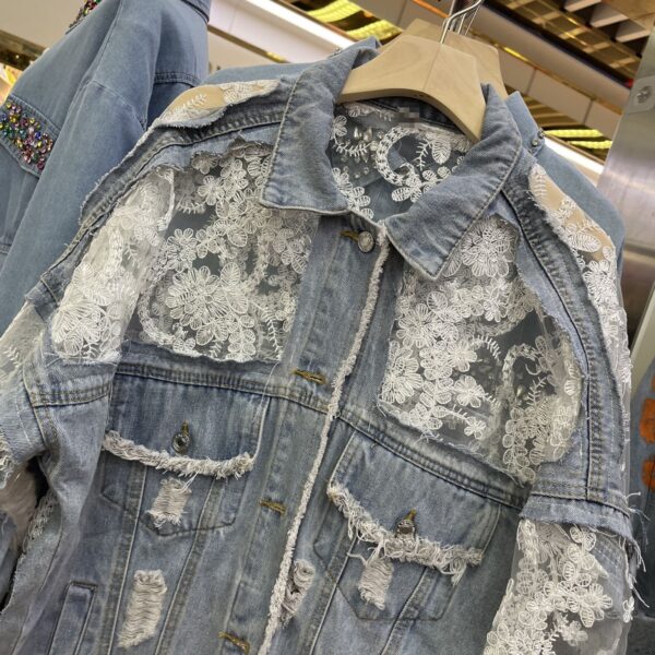 Womens Lace-embroidered Distressed Denim Jacket