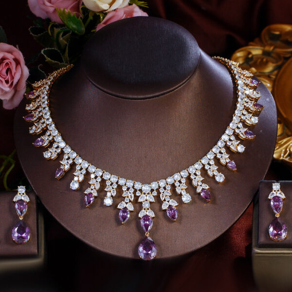Womens Purple Waterdrop Necklace And Earrings Set