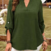 Solid-color V-neck Button-up Loose-fitting Fashionable Top