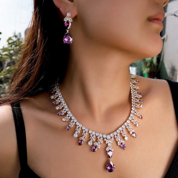 Womens Purple Waterdrop Necklace And Earrings Set