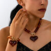 Retro Amber Heart Pendant Necklace And Bracelet Set