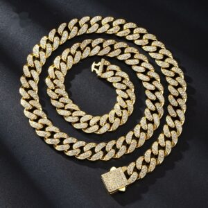 Collier et bracelet en alliage, chaîne à maillons cubains de 13 mm avec boucle à ressort et diamants.