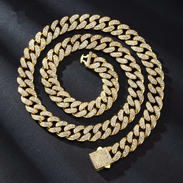 Collier et bracelet en alliage, chaîne à maillons cubains de 13 mm avec boucle à ressort et diamants.