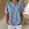 Casual Solid Color V-Neck Buttoned Striped Cotton-Linen T-Shirt
