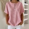 Casual Solid Color V-Neck Buttoned Striped Cotton-Linen T-Shirt