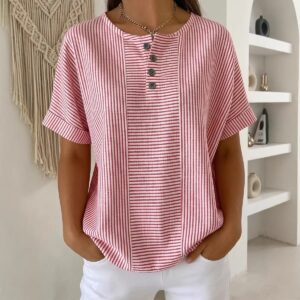 Casual Solid Color V-Neck Buttoned Striped Cotton-Linen T-Shirt