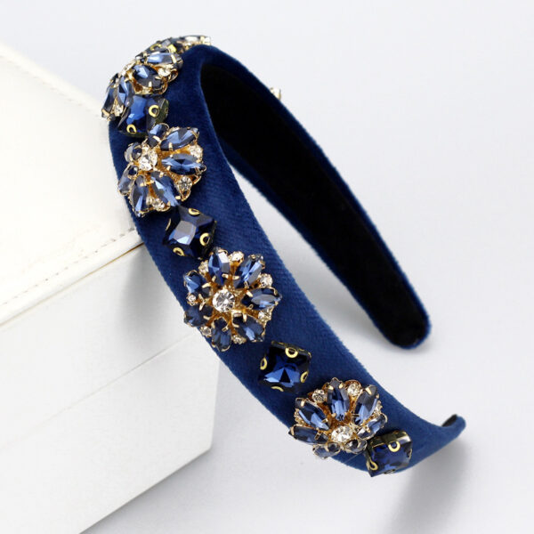 Navy Blue Rhinestone Handmade Vintage Headband With Baroque Flower And Pearls