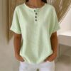 Casual Solid Color V-Neck Buttoned Striped Cotton-Linen T-Shirt