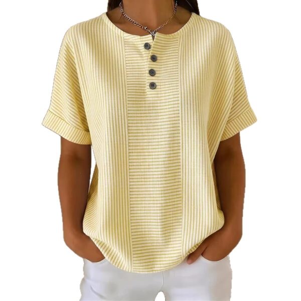 Casual Solid Color V-Neck Buttoned Striped Cotton-Linen T-Shirt