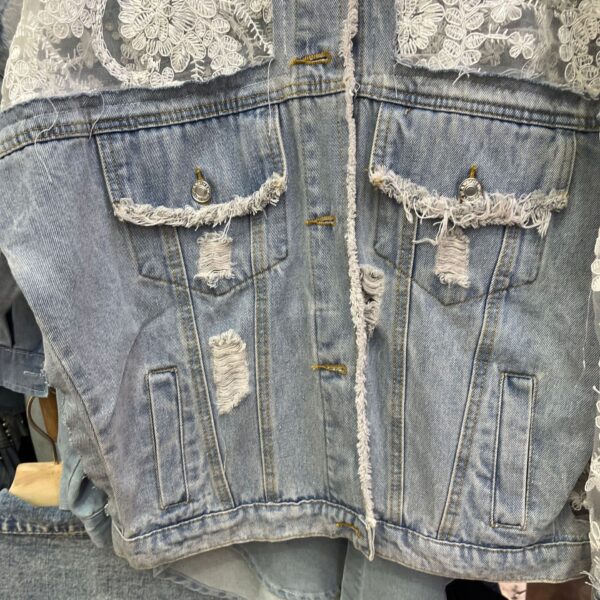 Womens Lace-embroidered Distressed Denim Jacket