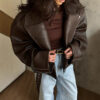 9d46a759-942f-4b26-b44c-e0418c463e28.jpg Turn-down Collar Short Laced Brown Leather Jacket