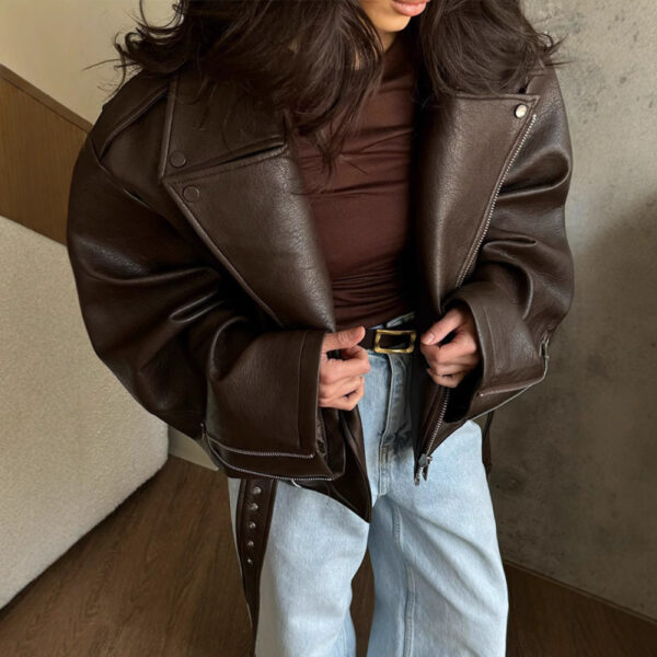 9d46a759-942f-4b26-b44c-e0418c463e28.jpg Turn-down Collar Short Laced Brown Leather Jacket