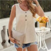Fashionable Textured Button Loose Casual Round Neck T-shirt For Women