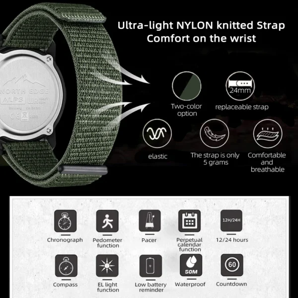 Montre-bracelet numérique pour homme NORTH EDGE ALPS en fibre de carbone, résistante aux chocs, de type militaire, ultra-légère, avec boussole et étanche jusqu'à 50 m de profondeur.