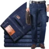 Jeans stretch pour homme, collection automne, coupe droite, style classique, pantalon en denim noir et bleu.