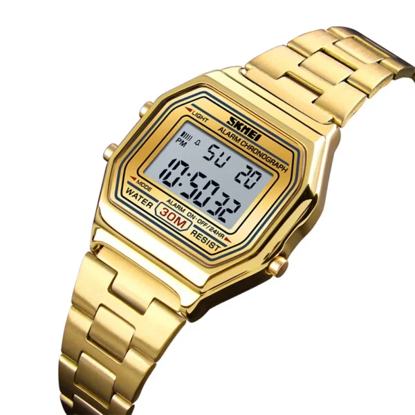 Montre-bracelet numérique de sport Skmei pour femme, étanche, avec bracelet en acier inoxydable de luxe, résistante aux chocs, chronographe LED et alarme.