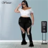 Jean évasé grande taille Wmstar pour femme, taille haute, à bretelles, avec franges et ourlet déchiré, en denim stretch, neuf.