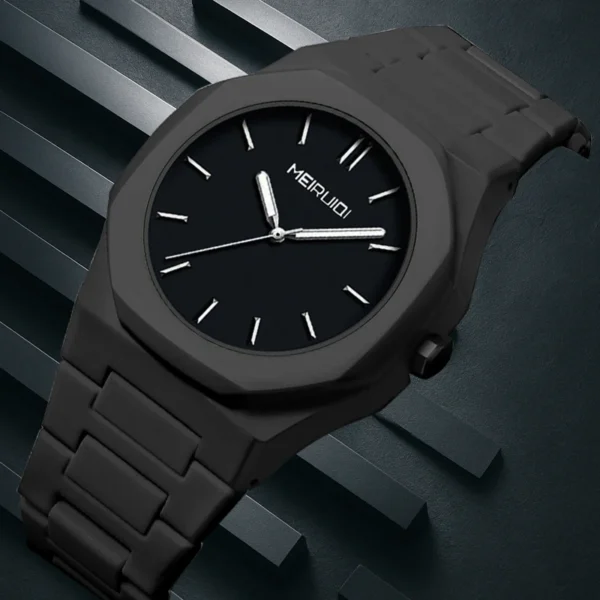 Montre à quartz pour homme, style minimaliste noir, aiguilles octogonales, à clous.