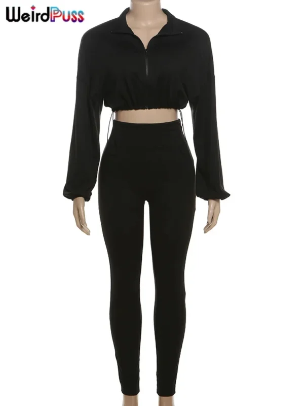 Ensemble de survêtement Weird Puss pour femme, 2 pièces, collection automne 2024 : veste fine zippée à cordon et legging assorti, style streetwear sportif.