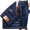 Jeans stretch pour homme, collection automne, coupe droite, style classique, pantalon en denim noir et bleu.