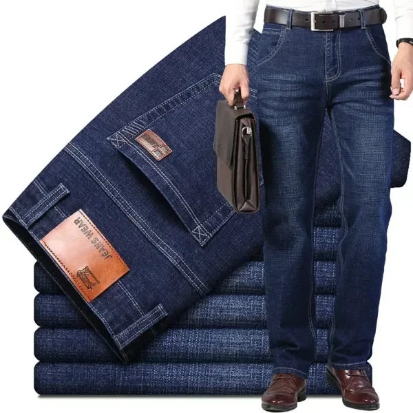 Jeans stretch pour homme, collection automne, coupe droite, style classique, pantalon en denim noir et bleu.