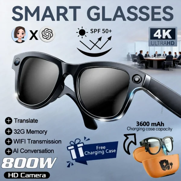 Lunettes intelligentes pour hommes avec caméra 4K HD 800 W, batterie externe 3600 mAh, traduction multilingue (plus de 100 langues), enregistrement vidéo, lecteur de musique et fonction appel.