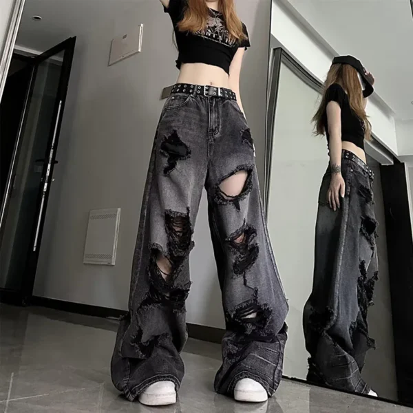 ean noir déchiré vintage tendance, pantalon large, pantalon droit taille haute pour femme, style baggy Y2K