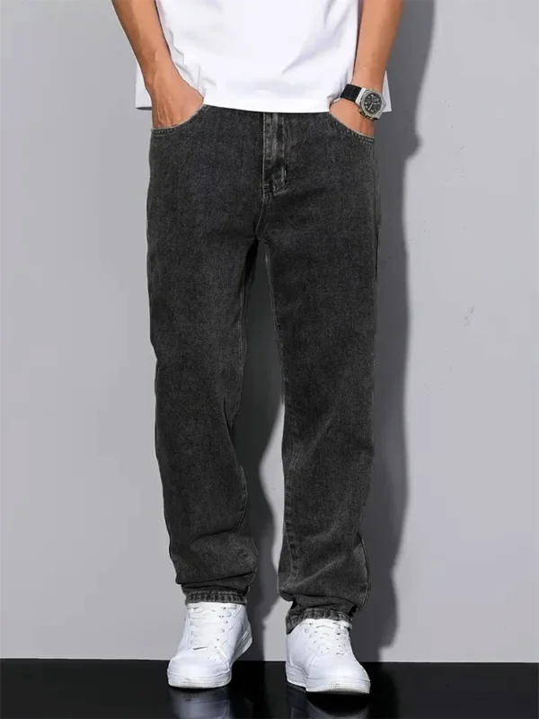 Jean droit noir et gris pour homme, style vintage coréen streetwear Y2K hip-hop décontracté, pantalon en denim gris foncé à jambes larges pour le quotidien