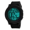 Montre numérique unisexe à grand cadran, éclairage LED, étanche, bracelet en caoutchouc, alarme, noire.