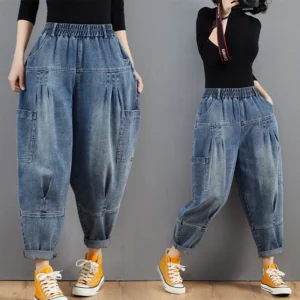 Pantalon harem en jean oversize pour femme, taille élastique, jambes larges, délavé, coupe ample, style rétro streetwear