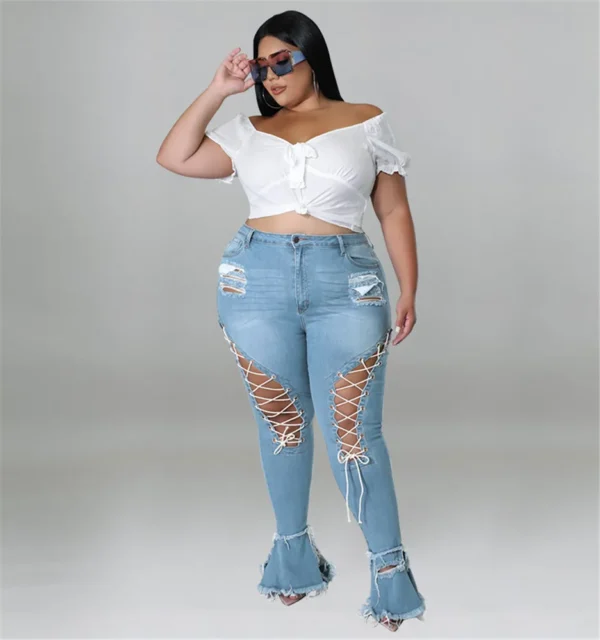 Jean évasé grande taille Wmstar pour femme, taille haute, à bretelles, avec franges et ourlet déchiré, en denim stretch, neuf.