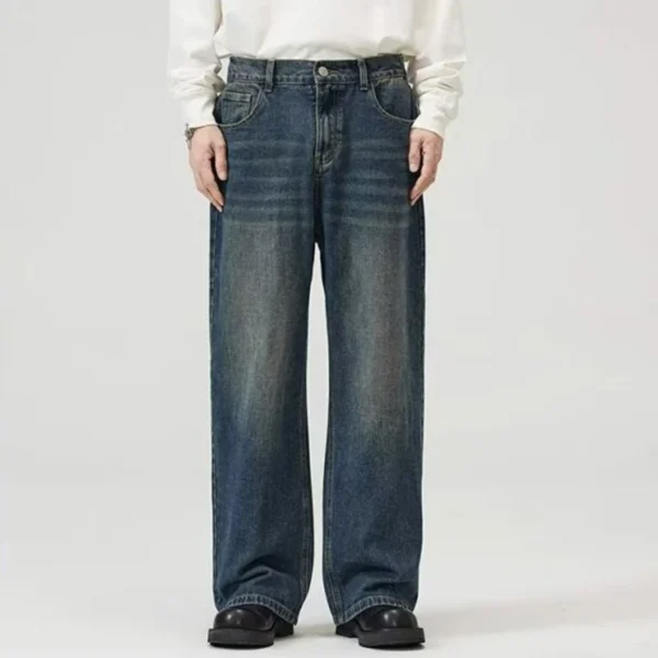 Jean homme style américain classique, hip-hop rap, jambes larges, populaire chez les jeunes, pantalon en denim oversize à jambes droites et coupe rétro.