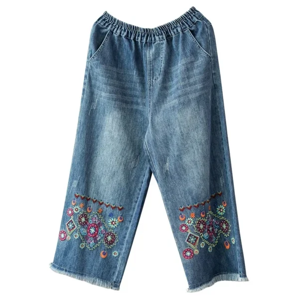 Jeans ethniques pour femmes, collection printemps-automne 2026. Pantalon ample à taille haute, brodé et jambes larges 9/4.