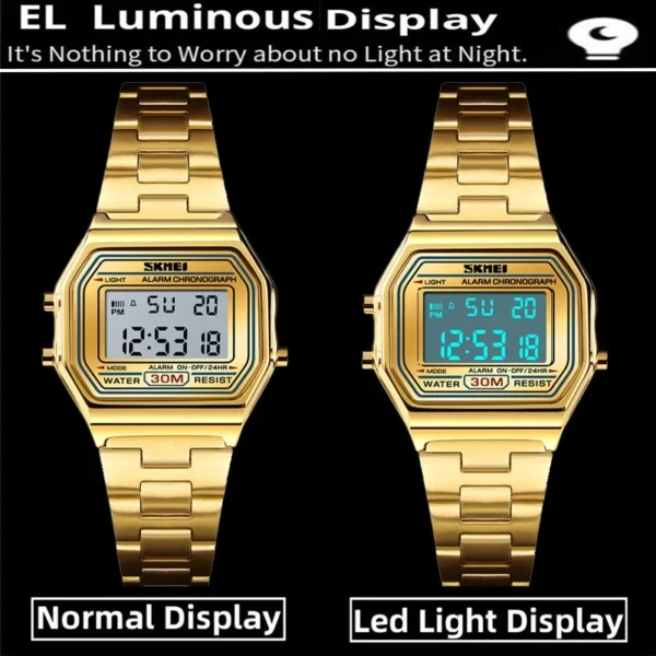Montre-bracelet numérique de sport Skmei pour femme, étanche, avec bracelet en acier inoxydable de luxe, résistante aux chocs, chronographe LED et alarme.