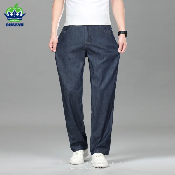Jean ample droit d'été pour homme de haute qualité, pantalon en denim taille haute, style business casual, en lyocell, idéal pour le travail au bureau.