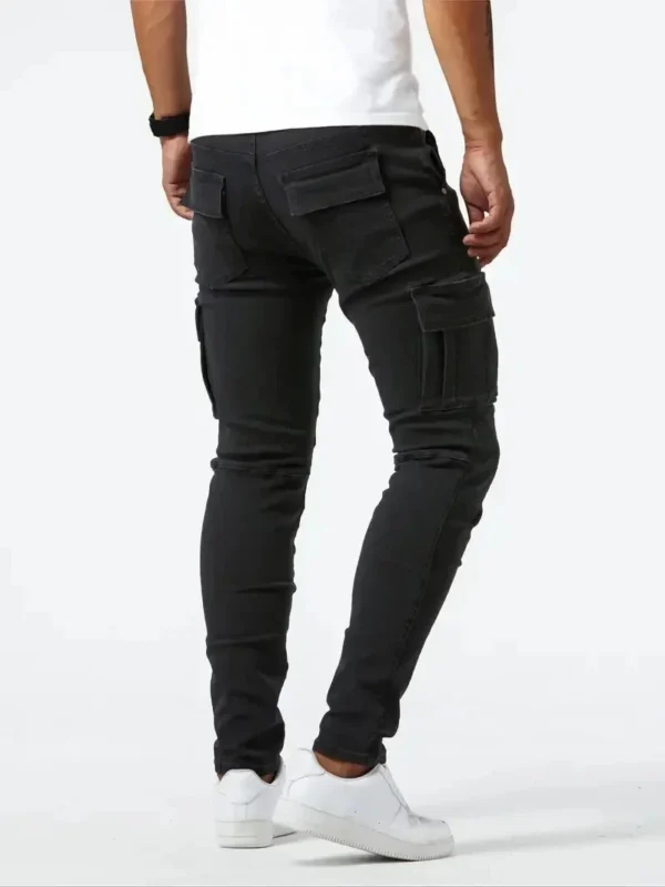 S1c9bcc00a1304b6c8a71e1c41e852675I.webp Pantalon cargo en denim élastique Street Jeans pour homme, coupe slim, couleur unie, plusieurs poches, style décontracté, taille mi-haute, idéal au quotidien.