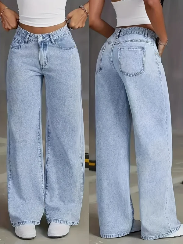 S1d3a3a5fcd954f5c889e74f01345faffF.webp Jeans pour femme style années 2000, pantalon en denim bleu clair à jambes larges, coupe ample, mode simple et extensible, idéal en toutes saisons et décontracté.